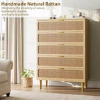 Commode haute en rotin à 5 tiroirs, grand coffre de rangement, armoire en bois sur pied pour chambre, placard, salon