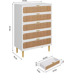 Commode haute en rotin à 5 tiroirs, grand coffre de rangement, armoire en bois sur pied pour chambre, placard, salon