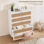 Commode haute en rotin à 5 tiroirs, grand coffre de rangement, armoire en bois sur pied pour chambre, placard, salon