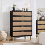 Commode haute en rotin à 5 tiroirs, grand coffre de rangement, armoire en bois sur pied pour chambre, placard, salon