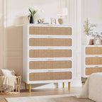 Commode haute en rotin à 5 tiroirs, grand coffre de rangement, armoire en bois sur pied pour chambre, placard, salon