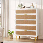 Commode haute en rotin à 5 tiroirs, grand coffre de rangement, armoire en bois sur pied pour chambre, placard, salon