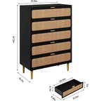 Commode haute en rotin à 5 tiroirs, grand coffre de rangement, armoire en bois sur pied pour chambre, placard, salon
