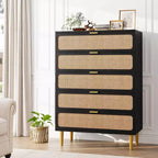 Commode haute en rotin à 5 tiroirs, grand coffre de rangement, armoire en bois sur pied pour chambre, placard, salon