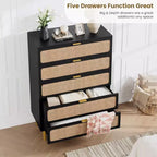 Commode haute en rotin à 5 tiroirs, grand coffre de rangement, armoire en bois sur pied pour chambre, placard, salon
