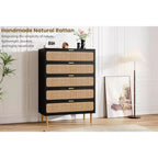 Commode haute en rotin à 5 tiroirs, grand coffre de rangement, armoire en bois sur pied pour chambre, placard, salon