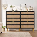 Rattan 5 Drawer Tall Dresser Deep Storage Chest, Floor Standing Wooden Cabinet for Bedroom, Closet, Living Room