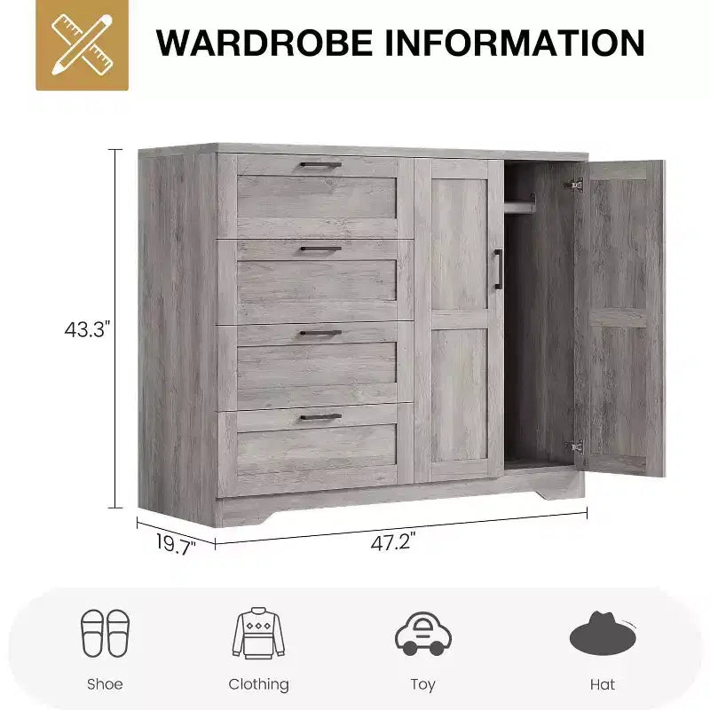 Armoire 2 portes avec 4 tiroirs et penderie