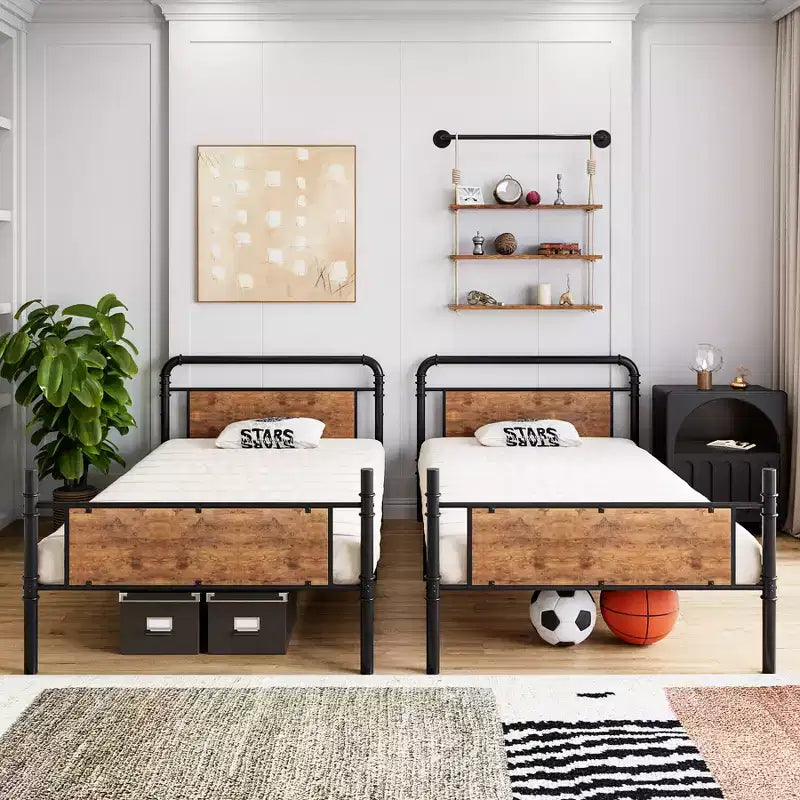Lit superposé jumeau sur jumeau en métal avec échelles et barrière de sécurité de 16,6", lits superposés jumeaux pour enfants, adultes et petits espaces, aucun sommier tapissier requis