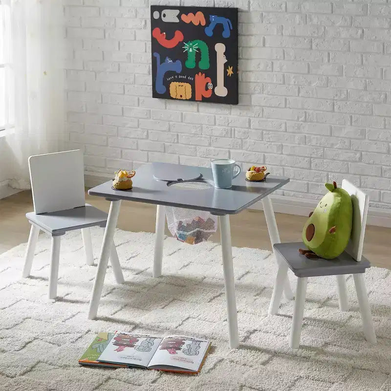 VECELO Activity Table and 2 Chair Set with Hidden Mesh Storage, Children Playroom Furniture, Easy Assembly, White & Gray