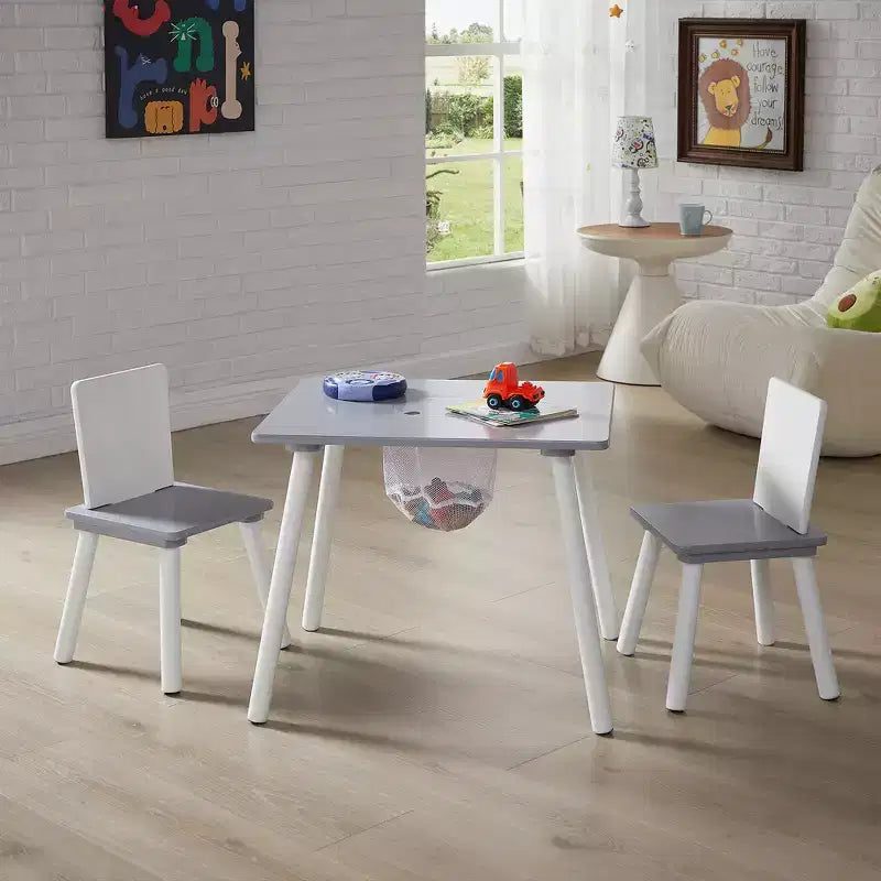 Ensemble table d'activités et 2 chaises VECELO avec rangement en filet dissimulé, mobilier de salle de jeux pour enfants, assemblage facile, blanc et gris