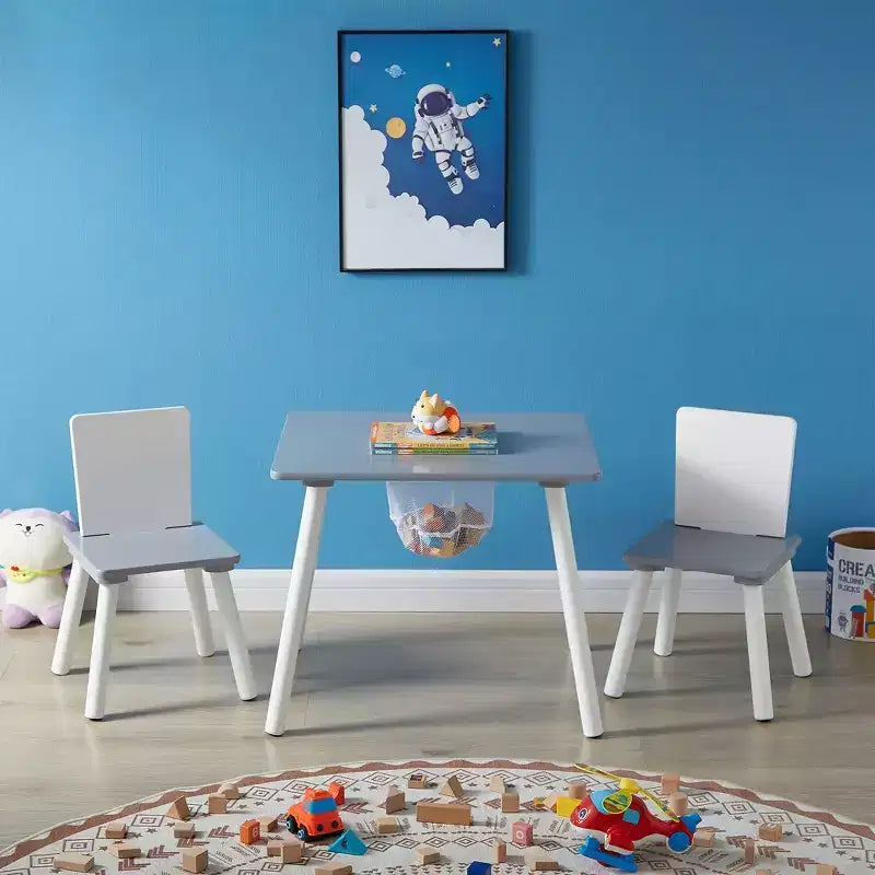 Ensemble table d'activités et 2 chaises VECELO avec rangement en filet dissimulé, mobilier de salle de jeux pour enfants, assemblage facile, blanc et gris