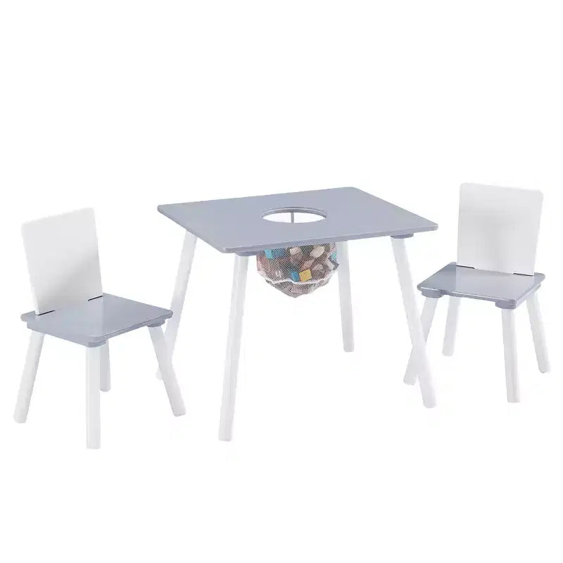 Ensemble table d'activités et 2 chaises VECELO avec rangement en filet dissimulé, mobilier de salle de jeux pour enfants, assemblage facile, blanc et gris