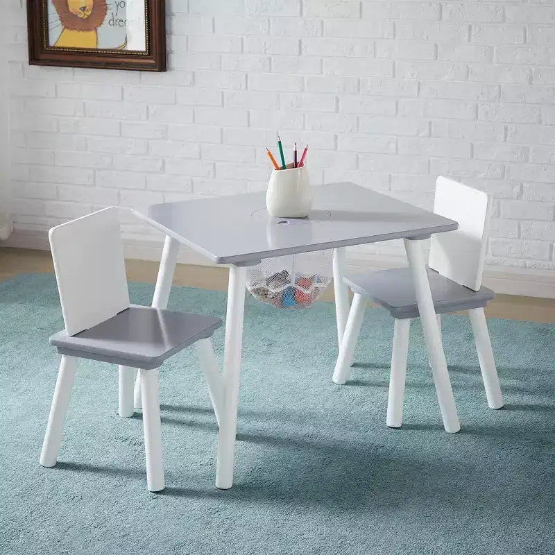 Ensemble table d'activités et 2 chaises VECELO avec rangement en filet dissimulé, mobilier de salle de jeux pour enfants, assemblage facile, blanc et gris