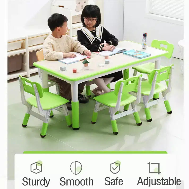 Table et chaises pour enfants 7 pièces, ensemble table et chaises pour tout-petits réglable en hauteur pour les 2-10 ans avec plateau de table à graffiti, pieds antidérapants pour salle de classe/garderie
