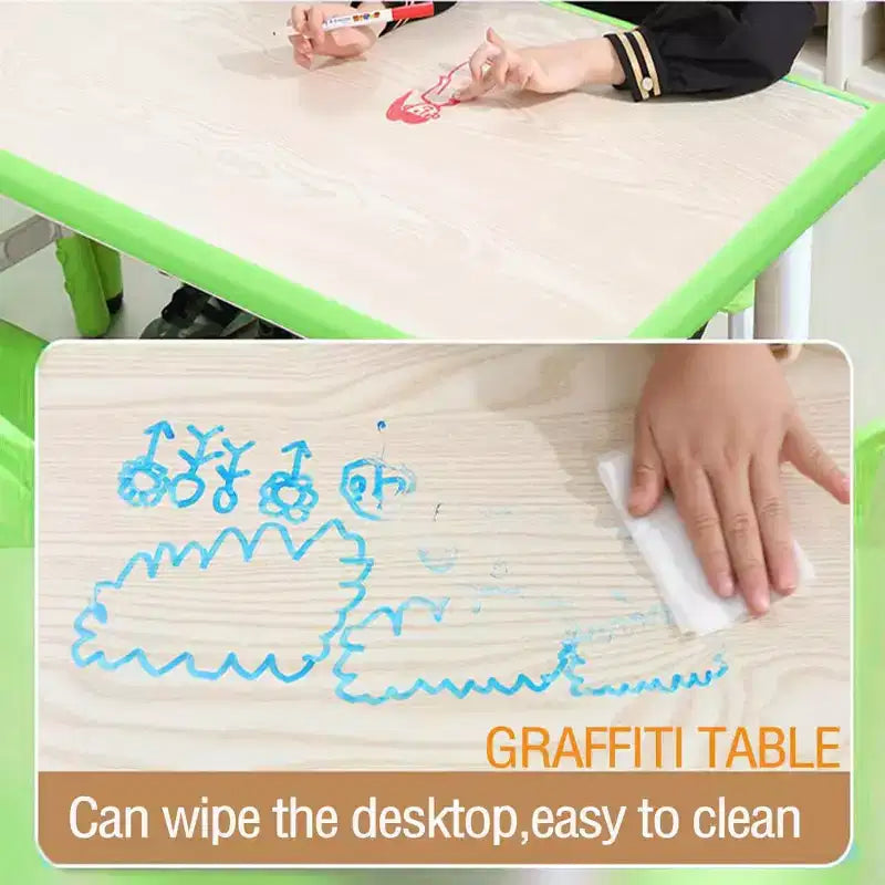 Table et chaises pour enfants 7 pièces, ensemble table et chaises pour tout-petits réglable en hauteur pour les 2-10 ans avec plateau de table à graffiti, pieds antidérapants pour salle de classe/garderie