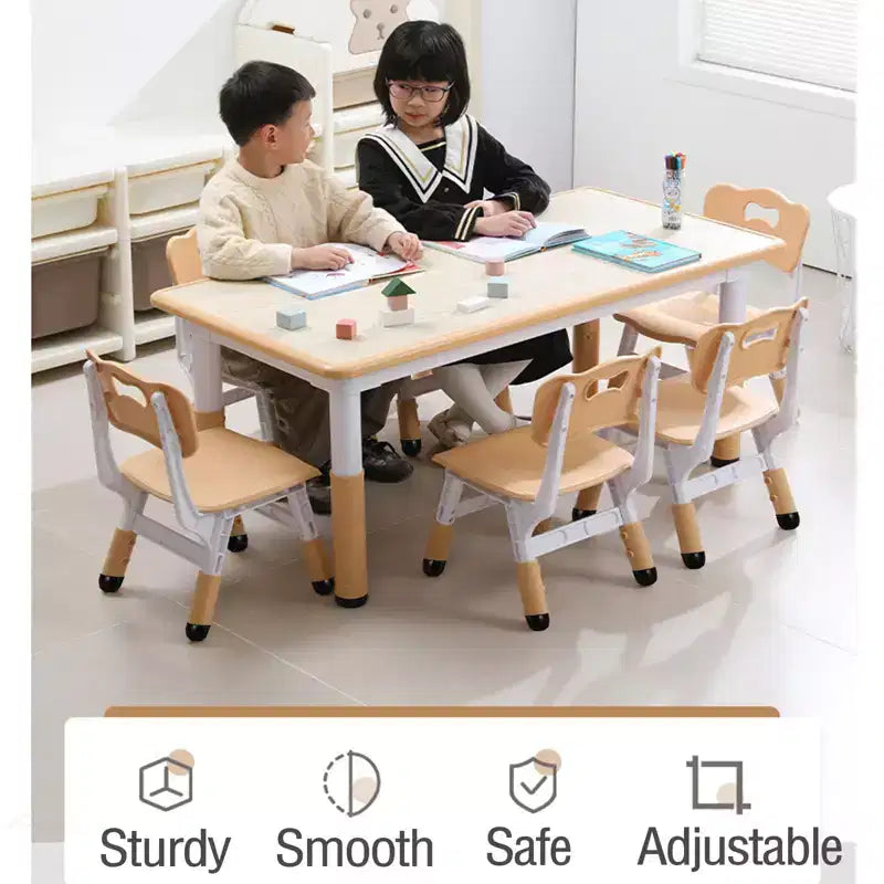 Table et chaises pour enfants 7 pièces, ensemble table et chaises pour tout-petits réglable en hauteur pour les 2-10 ans avec plateau de table à graffiti, pieds antidérapants pour salle de classe/garderie