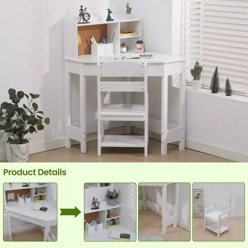 Kids Corner Study Desk Chair Set for Small Spaces, Wood Study Table with Adjustable Chair, Hutch, Corkboard, Pen Holder, Student Desk Set, White
