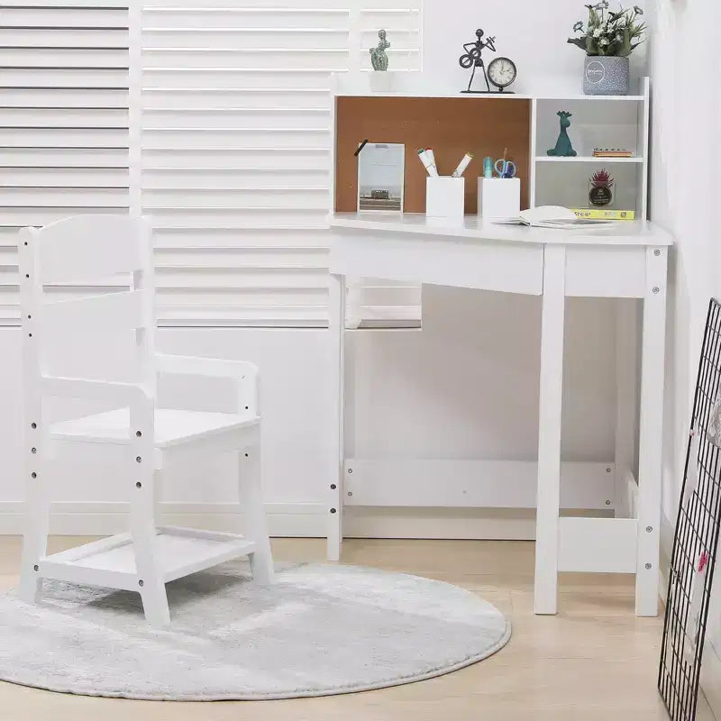 Ensemble bureau et chaise d'étude Kids Corner pour petits espaces, table d'étude en bois avec chaise réglable, huche, tableau en liège, porte-stylos, ensemble de bureau étudiant, blanc