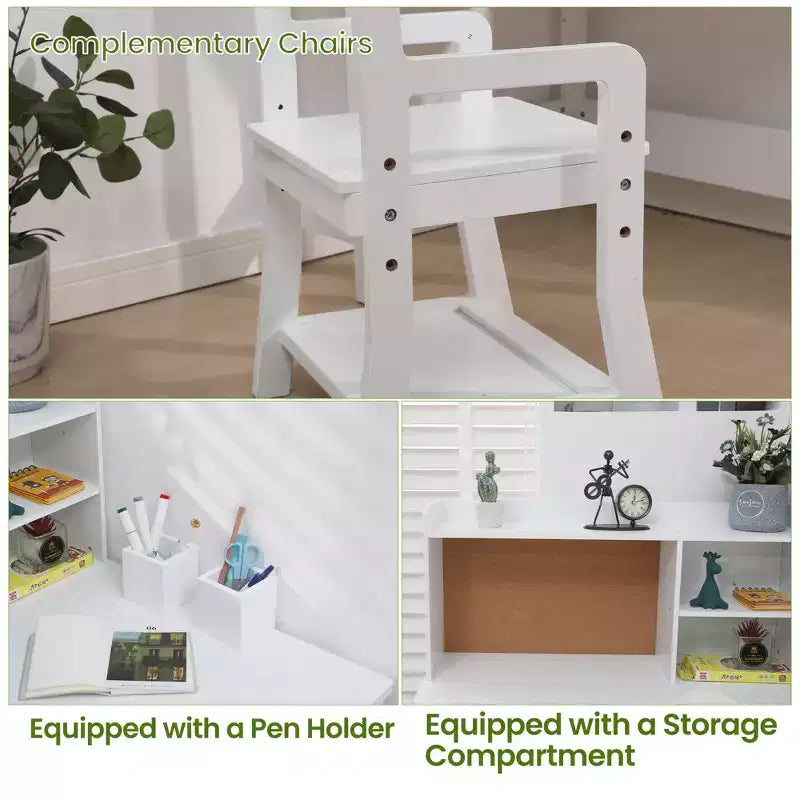 Ensemble bureau et chaise d'étude Kids Corner pour petits espaces, table d'étude en bois avec chaise réglable, huche, tableau en liège, porte-stylos, ensemble de bureau étudiant, blanc