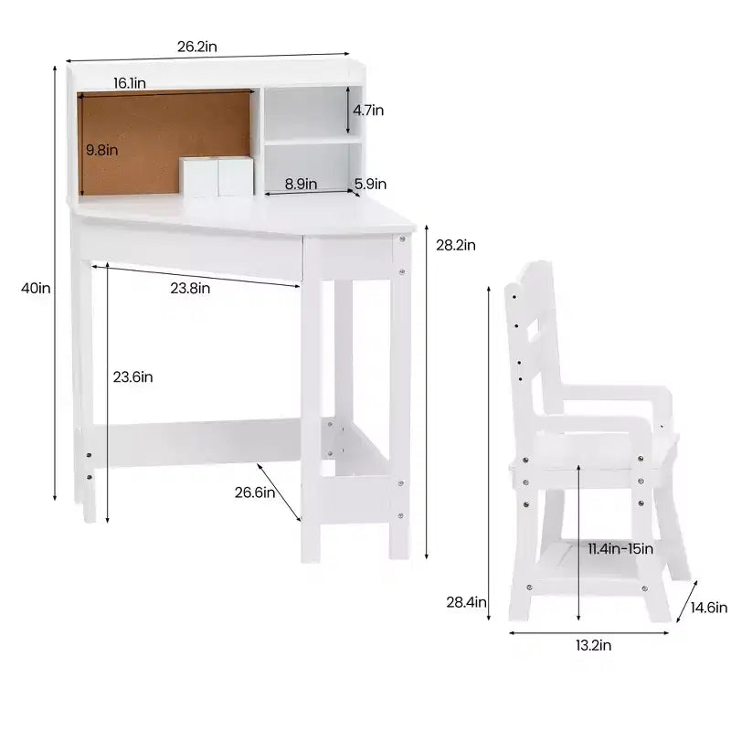 Ensemble bureau et chaise d'étude Kids Corner pour petits espaces, table d'étude en bois avec chaise réglable, huche, tableau en liège, porte-stylos, ensemble de bureau étudiant, blanc