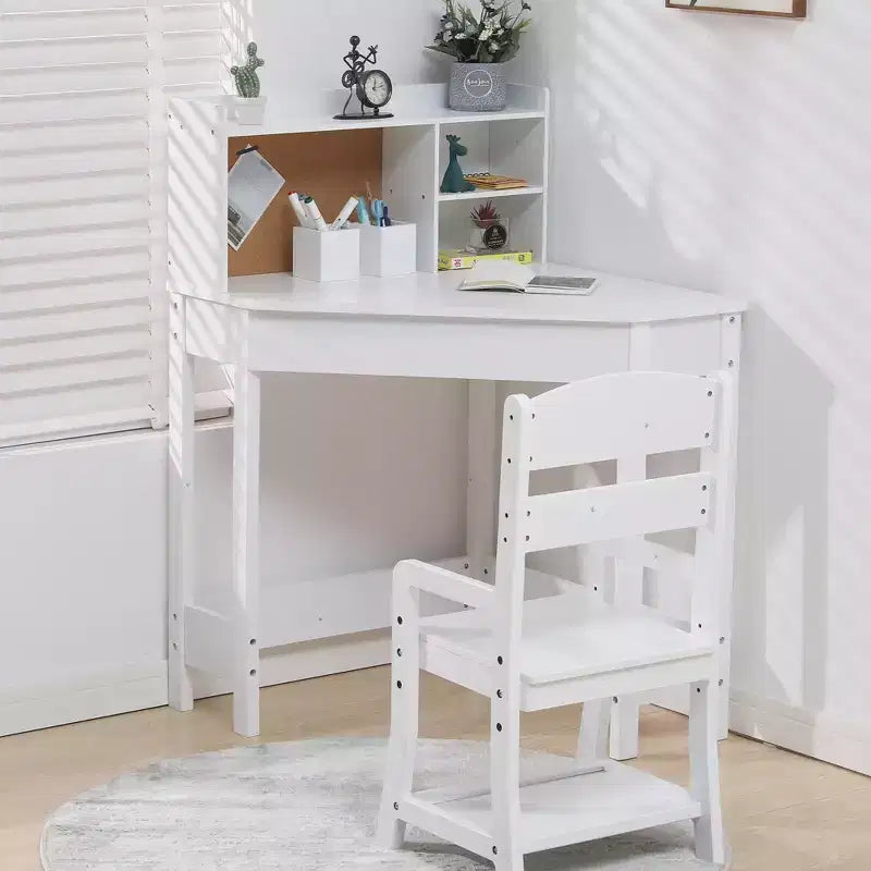 Ensemble bureau et chaise d'étude Kids Corner pour petits espaces, table d'étude en bois avec chaise réglable, huche, tableau en liège, porte-stylos, ensemble de bureau étudiant, blanc