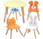 Kids Wooden Animal Table & Chair Set w 3 Seats (Puppy Kitten & Bunny) & Adult Stool for Arts Crafts, Dining, Pretend Play- Playroom Furniture for