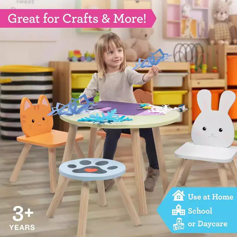 Ensemble table et chaises en bois animaux pour enfants avec 3 sièges (chiot, chaton et lapin) et tabouret adulte pour les activités artistiques, les repas, les jeux de rôle - Meubles de salle de jeux pour