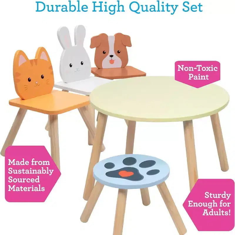 Ensemble table et chaises en bois animaux pour enfants avec 3 sièges (chiot, chaton et lapin) et tabouret adulte pour les activités artistiques, les repas, les jeux de rôle - Meubles de salle de jeux pour