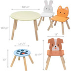 Ensemble table et chaises en bois animaux pour enfants avec 3 sièges (chiot, chaton et lapin) et tabouret adulte pour les activités artistiques, les repas, les jeux de rôle - Meubles de salle de jeux pour