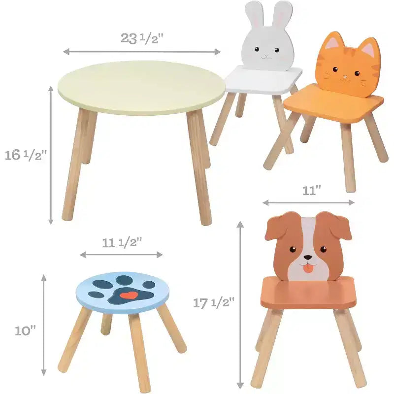 Ensemble table et chaises en bois animaux pour enfants avec 3 sièges (chiot, chaton et lapin) et tabouret adulte pour les activités artistiques, les repas, les jeux de rôle - Meubles de salle de jeux pour