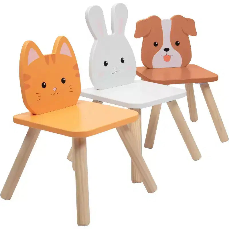 Ensemble table et chaises en bois animaux pour enfants avec 3 sièges (chiot, chaton et lapin) et tabouret adulte pour les activités artistiques, les repas, les jeux de rôle - Meubles de salle de jeux pour