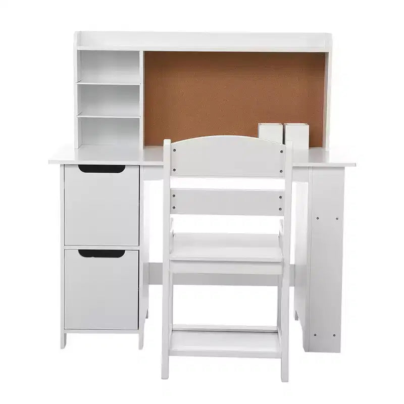 Kids Study Desk with Chair & Bookshelf - White Writing Desk Set with Bulletin Board, Storage Cabinets for Ages 3-8