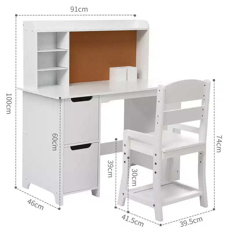 Bureau d'étude pour enfants avec chaise et étagère - Ensemble bureau blanc avec tableau d'affichage, armoires de rangement pour les 3-8 ans