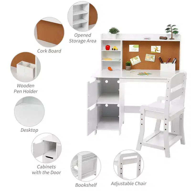 Bureau d'étude pour enfants avec chaise et étagère - Ensemble bureau blanc avec tableau d'affichage, armoires de rangement pour les 3-8 ans