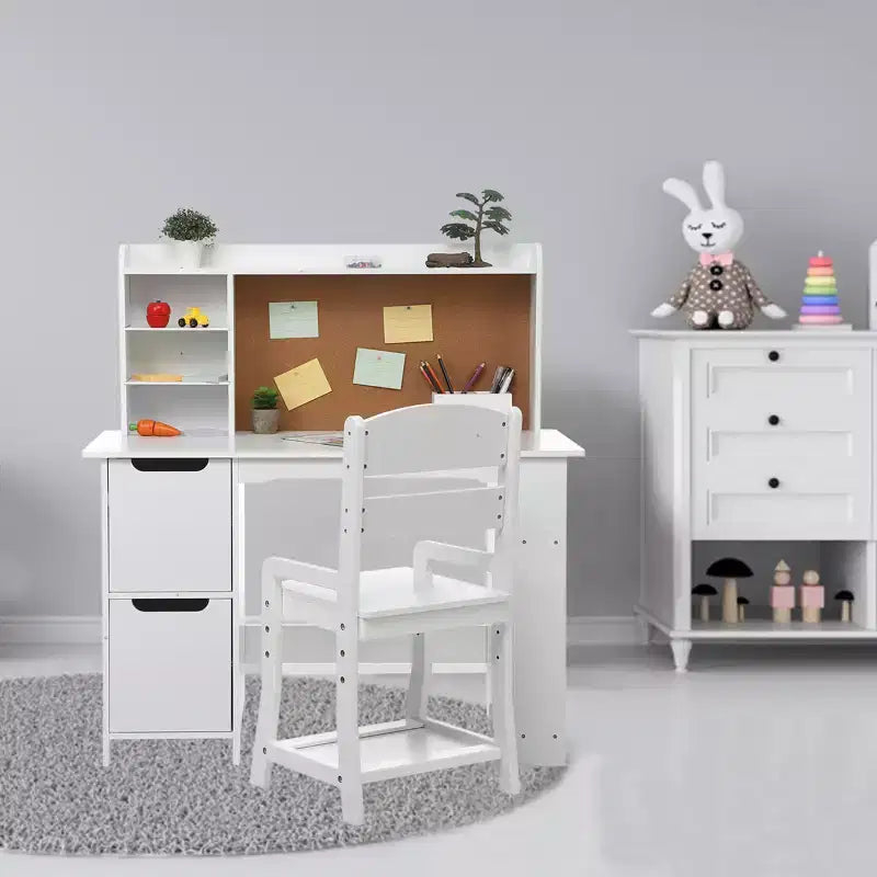 Bureau d'étude pour enfants avec chaise et étagère - Ensemble bureau blanc avec tableau d'affichage, armoires de rangement pour les 3-8 ans