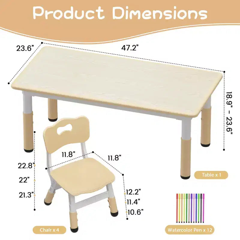 Ensemble Table et Chaises pour Enfants, Bureau d'Activités pour Enfants avec Plateau Anti-Graffiti Facile à Nettoyer et Pieds Antidérapants, Table Réglable en Hauteur et 4 Chaises