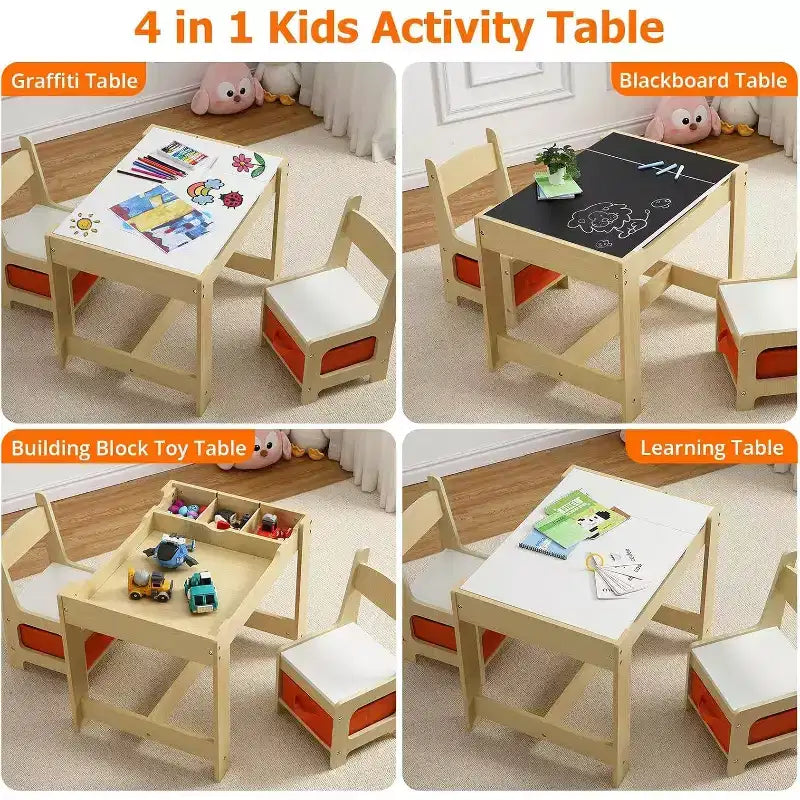 Ensembles Table et Chaises pour Enfants 4 en 1 Table d'Activités en Bois pour Enfants avec Rangement Plateau Amovible avec Tableau Noir pour Dessin Lecture Artisanat