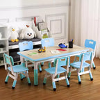 TROPOW Kids Table and Chair Set, Height Adjustable Toddler Arts & Crafts Table and 6 Chair Set for Ages 2-10,Max 300lbs Kids Activity Art Table,Blue