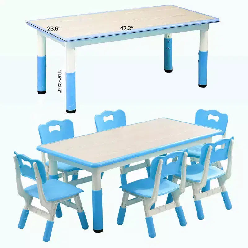 Ensemble table et chaises pour enfants TROPOW, Table d'activités et de bricolage pour tout-petits réglable en hauteur et ensemble de 6 chaises pour les 2-10 ans, Table d'activités artistiques pour enfants de 136 kg max, Bleu