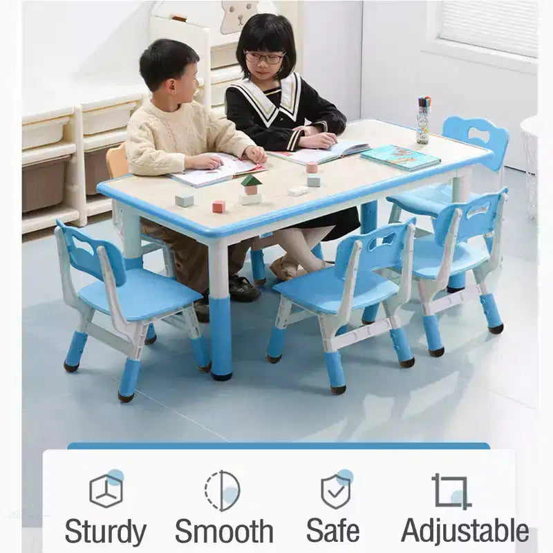Ensemble table et chaises pour enfants TROPOW, Table d'activités et de bricolage pour tout-petits réglable en hauteur et ensemble de 6 chaises pour les 2-10 ans, Table d'activités artistiques pour enfants de 136 kg max, Bleu