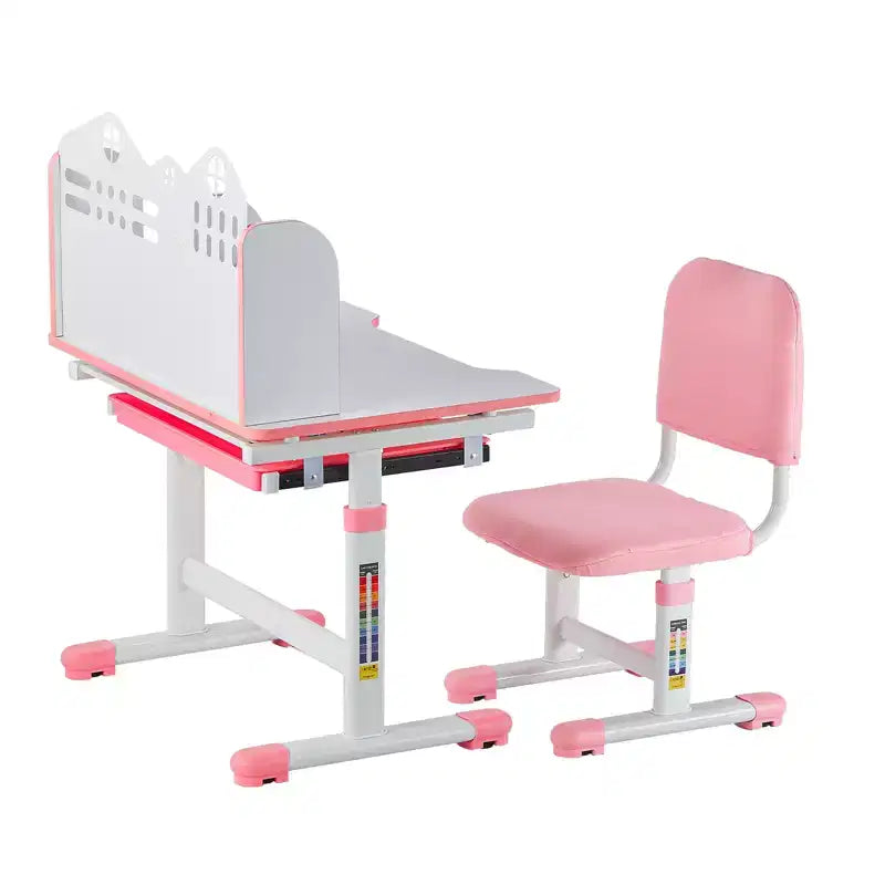 VEVOR Kids Study Chair and Desk Set, Study Desk and Chair for Kids with Bookshelf and Storage Drawer, Adjustable Height Kids Study Desk, Pink