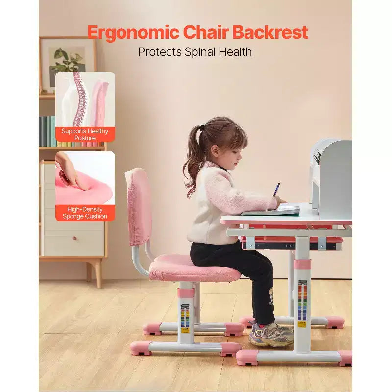 Ensemble chaise et bureau d'étude VEVOR pour enfants, bureau et chaise d'étude pour enfants avec étagère et tiroir de rangement, bureau d'étude réglable en hauteur pour enfants, rose