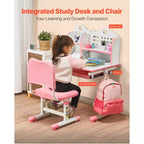 Ensemble chaise et bureau d'étude VEVOR pour enfants, bureau et chaise d'étude pour enfants avec étagère et tiroir de rangement, bureau d'étude réglable en hauteur pour enfants, rose