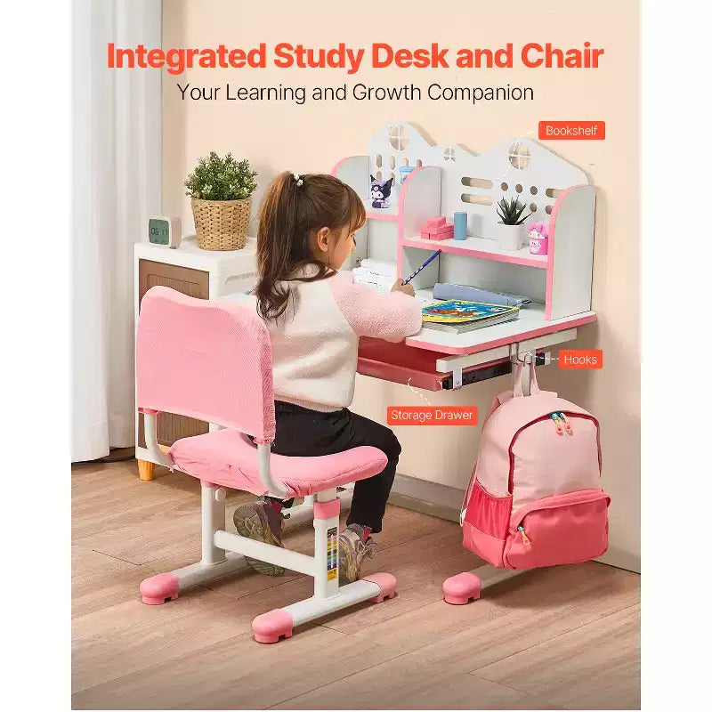 Ensemble chaise et bureau d'étude VEVOR pour enfants, bureau et chaise d'étude pour enfants avec étagère et tiroir de rangement, bureau d'étude réglable en hauteur pour enfants, rose