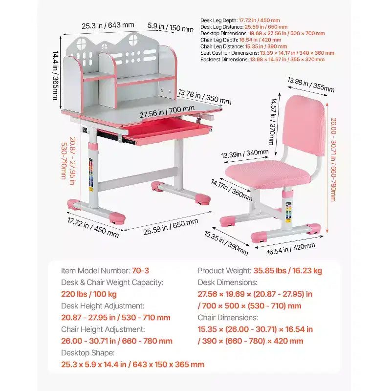 Ensemble chaise et bureau d'étude VEVOR pour enfants, bureau et chaise d'étude pour enfants avec étagère et tiroir de rangement, bureau d'étude réglable en hauteur pour enfants, rose
