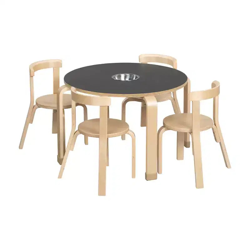 ECR4Kids Round Bentwood Chalkboard Table and Curved Back Chair Set, Kids Furniture, Natural, 5-Piece