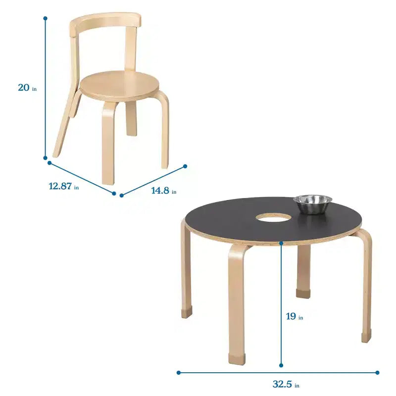 Table ronde ardoise ECR4Kids en bois courbé et ensemble de chaises à dossier incurvé, meubles pour enfants, naturel, 5 pièces