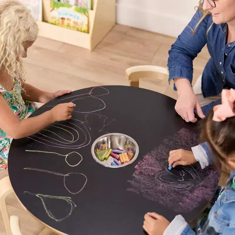 Table ronde ardoise ECR4Kids en bois courbé et ensemble de chaises à dossier incurvé, meubles pour enfants, naturel, 5 pièces