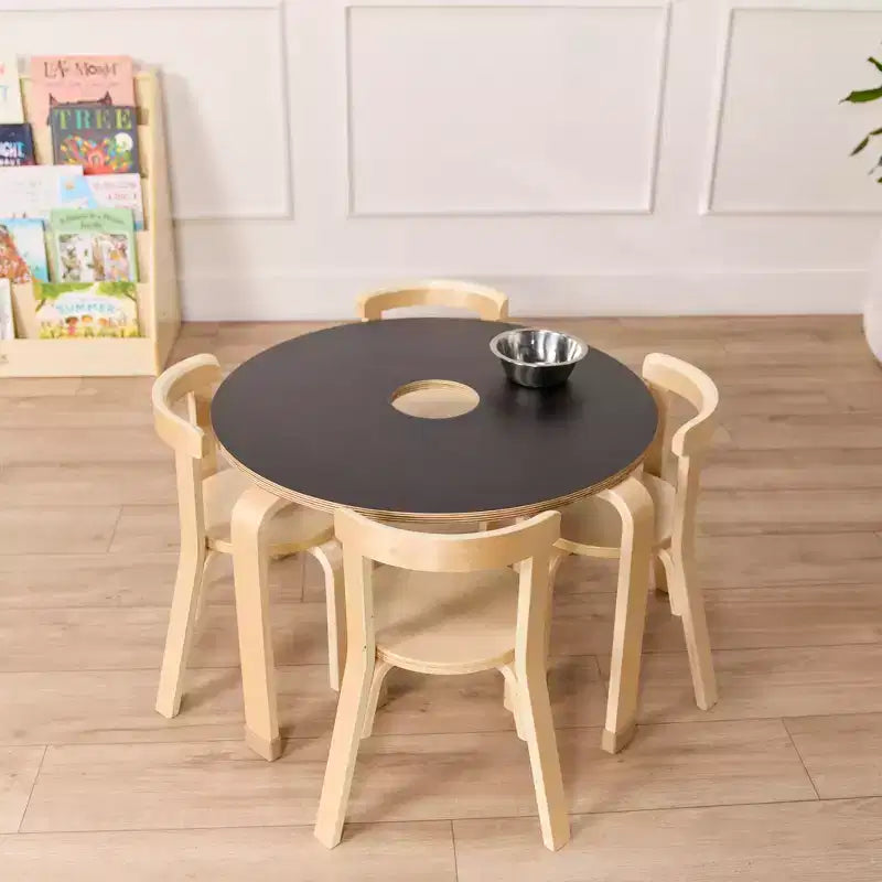 Table ronde ardoise ECR4Kids en bois courbé et ensemble de chaises à dossier incurvé, meubles pour enfants, naturel, 5 pièces